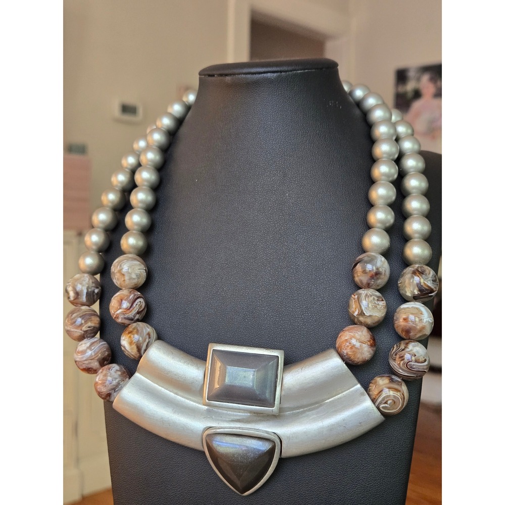 Silvertone Stone Statement Necklace Vintage